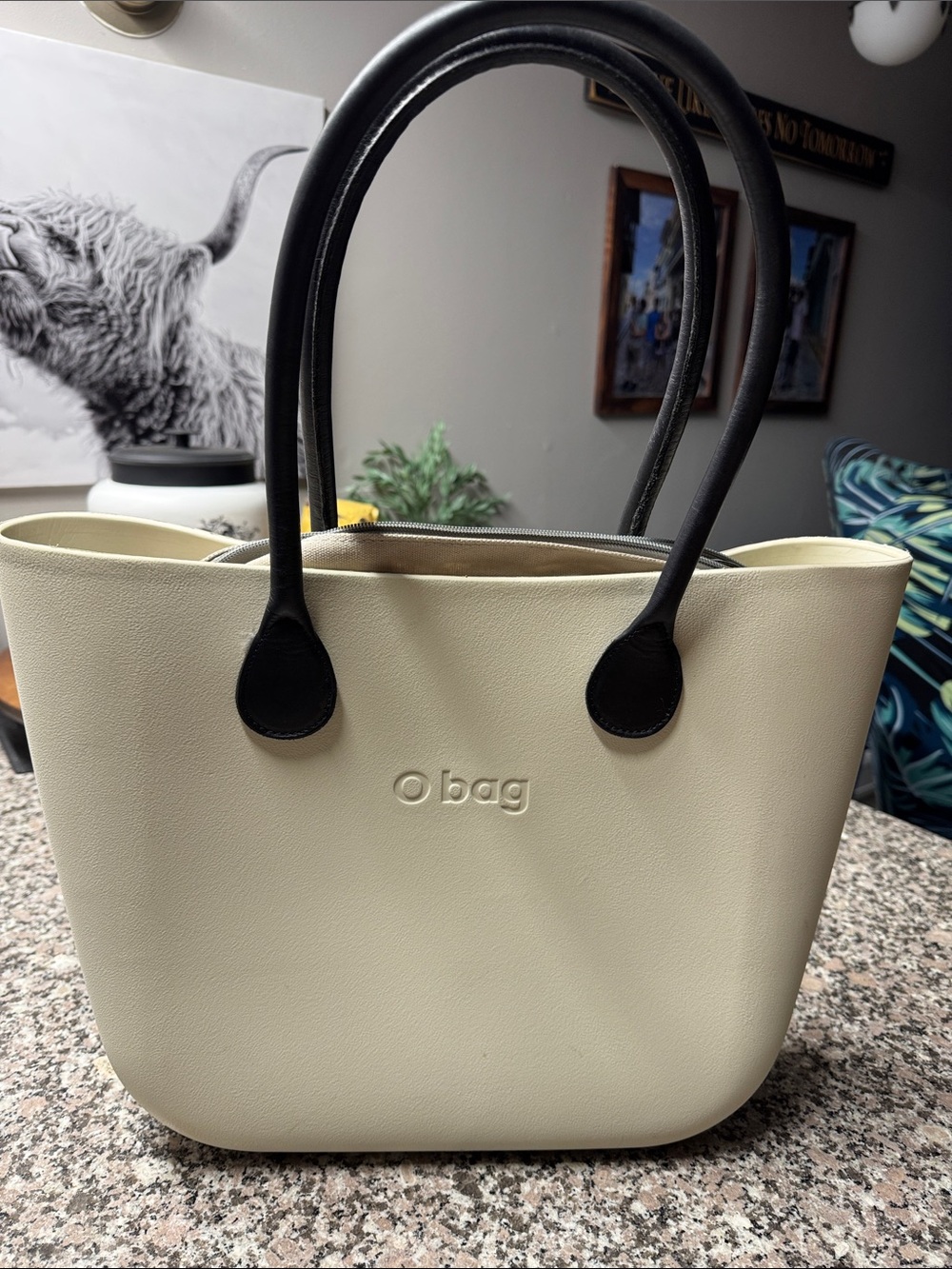Cream O bag Tote with Black Handles